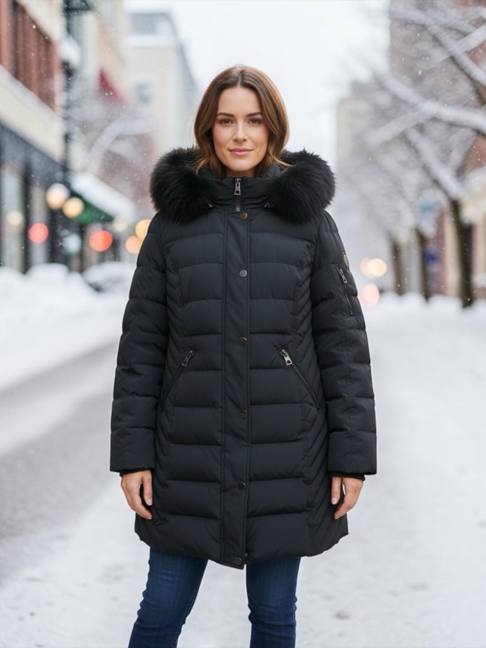SOKOS, Charcoal Black Winter Coat , Quilted Parka Fox Fur Hood, Medium